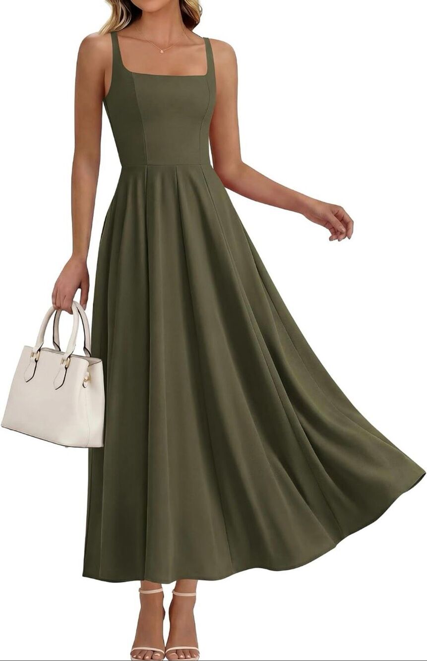 BTFBM Army Green Square Neck Sleeveless A Line Maxi Dress Wedding Guest L NWT